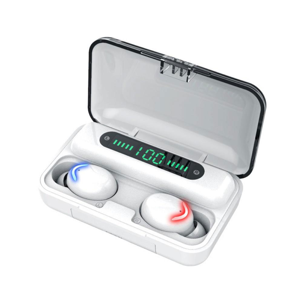 Mini Stereo TWS Earbuds Headset with PowerBank LED Digital Battery DISPLAY and Stand F9 (White)